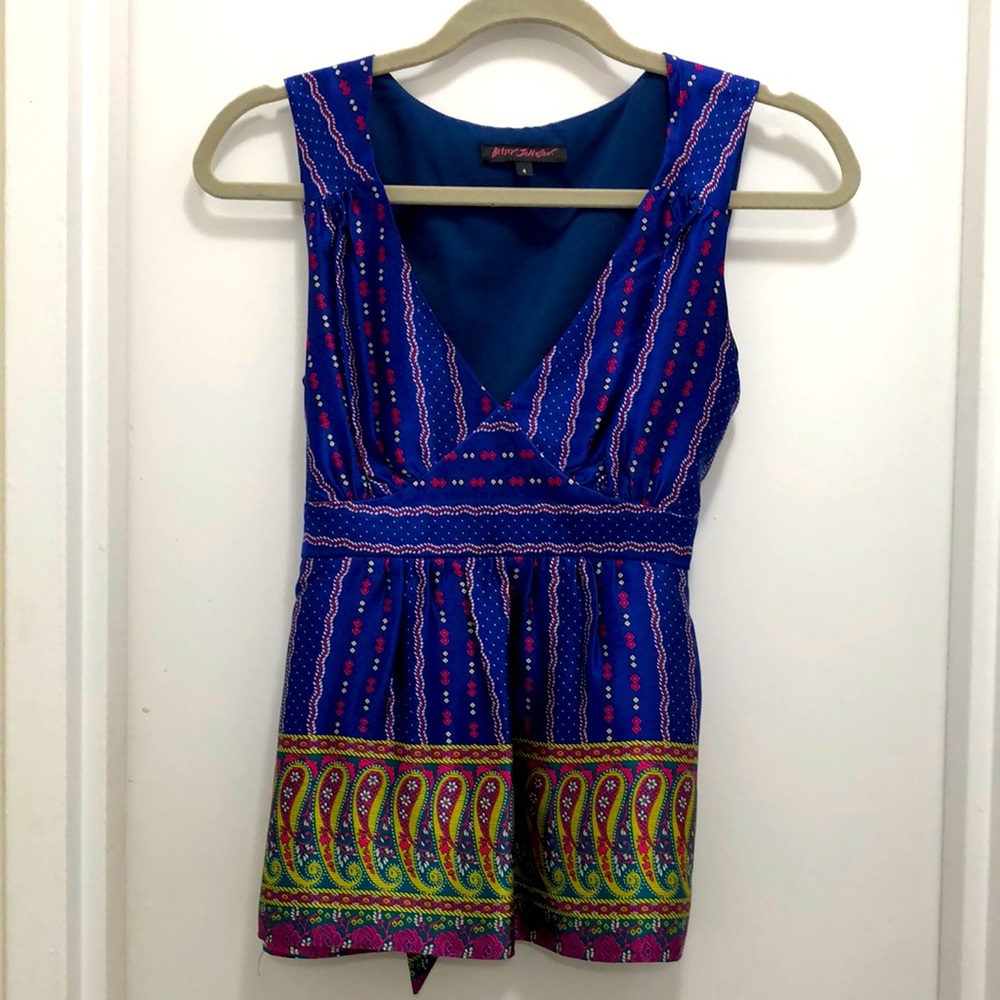 Silk Betsey Johnson sleeveless tie-back patterned top